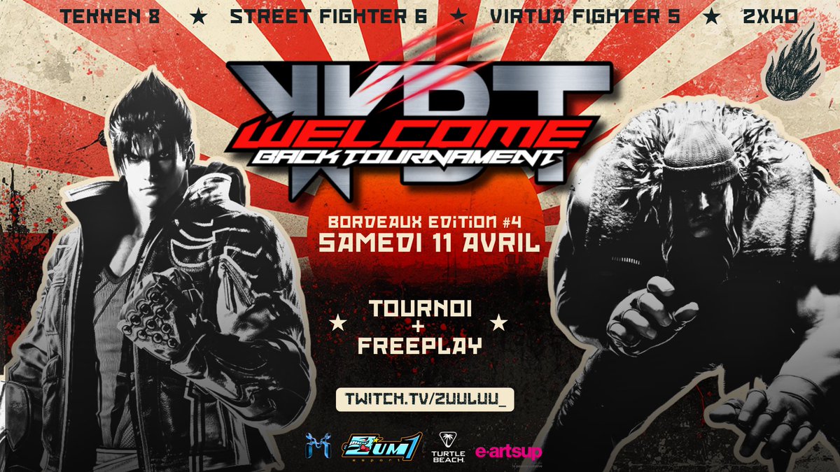 ZuuLuu_'s tweet photo. 🚨 ANNONCE 🚨
Les inscriptions pour le Welcome Back Tournament #4 (Bordeaux) sont ouvertes !

📅 samedi 11 avril
📍Pessac (Région Bordelaise)

Tournoi #TEKKEN8 - 1er WBT en Saison 3
Pour la 1ère fois : #StreetFighter6 & #VirtuaFighter5 dispo en FREEPLAY 🔥

Tu pourras aussi tester le leverless pro ko de @TurtleBeachFR 

👉 Inscriptions sur https://t.co/SPpW7kB4nE

La commu, on compte sur vous :
faites tourner un max