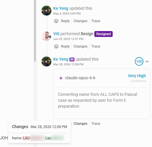 teekeyeng's tweet photo. "Fix the name casing on all entries."
One instruction. 10+ entries updated. Every change logged — reasoning, confidence, model. Same form my team uses.

Not a script. Not a bulk-edit hack.
A teammate that just… did the work.

#AITeamMates https://t.co/1twWUvktsH