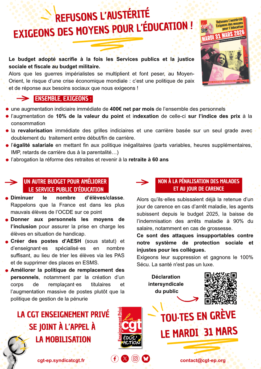 📢 31 mars : exigeons des moyens pour l’éducation et refusons l'austérité. 
🔴 Toutes et tous en grève !
🚨⚠️🚨 Professeur-es des écoles : déclaration d'intention à envoyer avant minuit ce soir.
