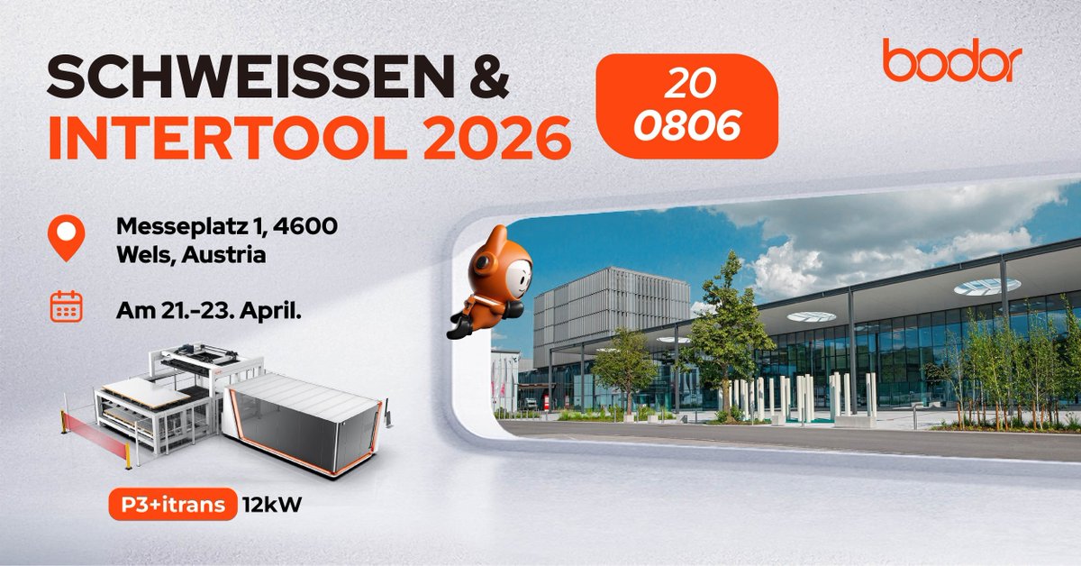 bodor_laser_'s tweet image. See the Power of 12kW in Austria!

📍 Visit Our Booth:
Location: Messeplatz 1, 4600 Wels, Austria
Booth: 20 / 0806
Date: April 21–23, 2026

Let’s redefine your production efficiency together. See you there!

#BodorLaser #FiberLaser #Metalworking #Austria #BodorWorldTour2026