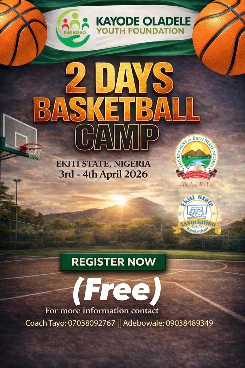 Kayboboyouthf's tweet photo. Get ready for an exciting 2-day Basketball Camp organized by the Kayode Oladele Youth Foundation in collaboration with the Ekiti State Basketball Association!

📍 Ekiti State, Nigeria
🗓 3rd - 4th April 2026
📍 Venue: Pavilion, New Iyìn Road, Ado Ekiti https://t.co/IkVzVX41DN