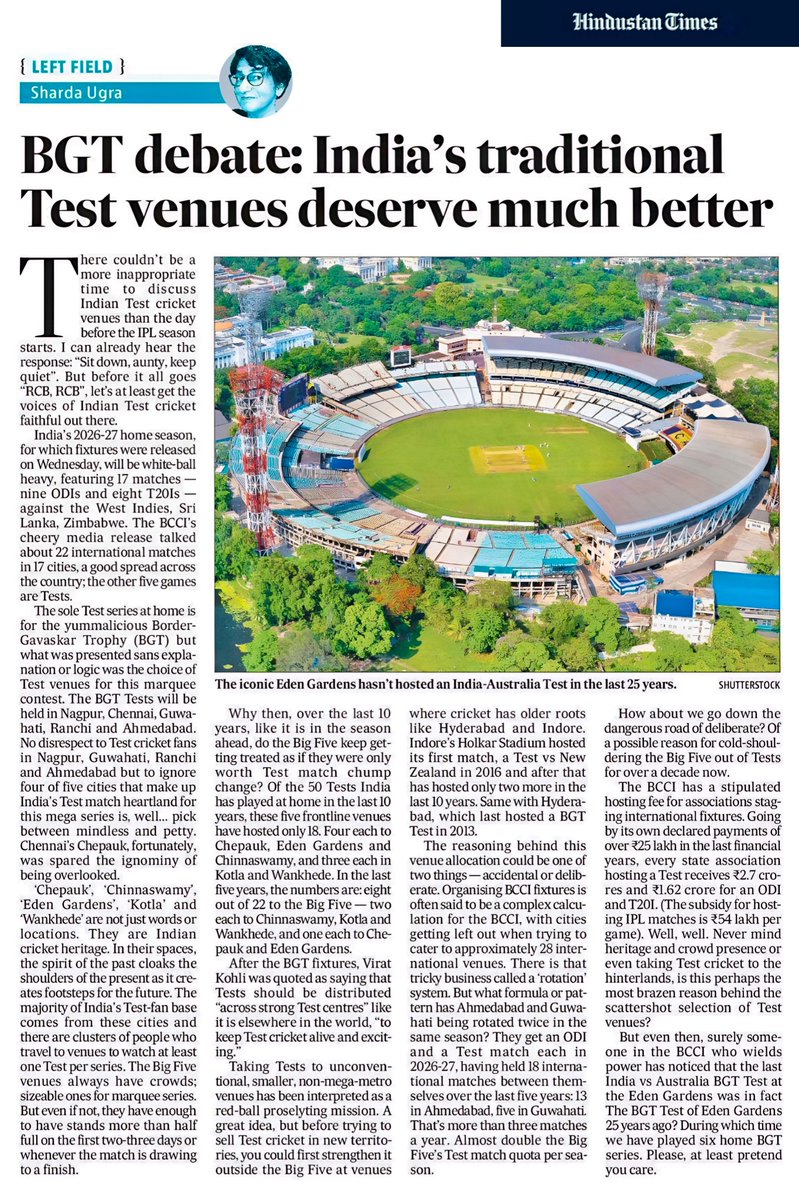 mahajanrohan99's tweet image. ✅ Sharda Ugra in today's @htTweets (28/03/26) on the steady marginalisation of India's Big-Five Test centres, closing it out with a punch: "Please, at least pretend you care."

#BGT #IndvsAus
#CricketTwitter