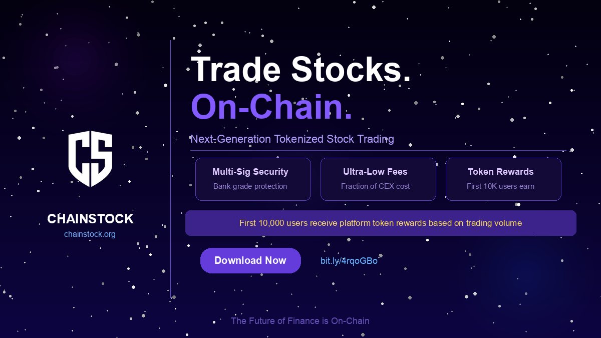 Chainstock_ORG's tweet photo. 💎 Tokenized assets are changing everything. ChainStock lets you trade real-world stocks on-chain — transparent, secure, and insanely low fees. Join 10K early adopters &amp; earn rewards! https://t.co/3Y7ggsmSUu #ETH #RWA https://t.co/rpUXOGfxai