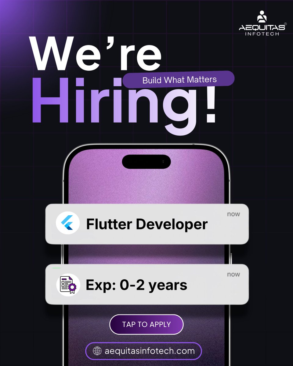 AequitasLtd's tweet image. Hiring Flutter Developers 

0–2 yrs | Freshers welcome

Comment “Flutter” or apply: hr@aequitasinfotech.com

#WeAreHiring #FlutterDeveloper #Aequitas