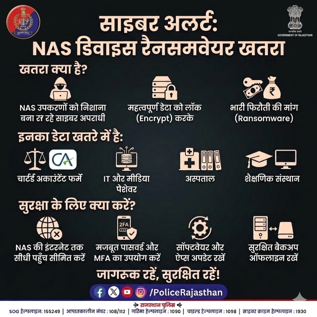 ChuruPolice's tweet image. साइबर अलर्ट: NAS डिवाइस पर बढ़ा खतरा!

क्या है खतरा?
साइबर ठग अब संस्थानों के NAS सिस्टम को निशाना बना रहे हैं।

#CyberAlert #RajasthanPolice #DataSecurity 
#StaySafe 
#CyberSafety 
#DigitalIndia #StopCyberCrime
#sardarPatel