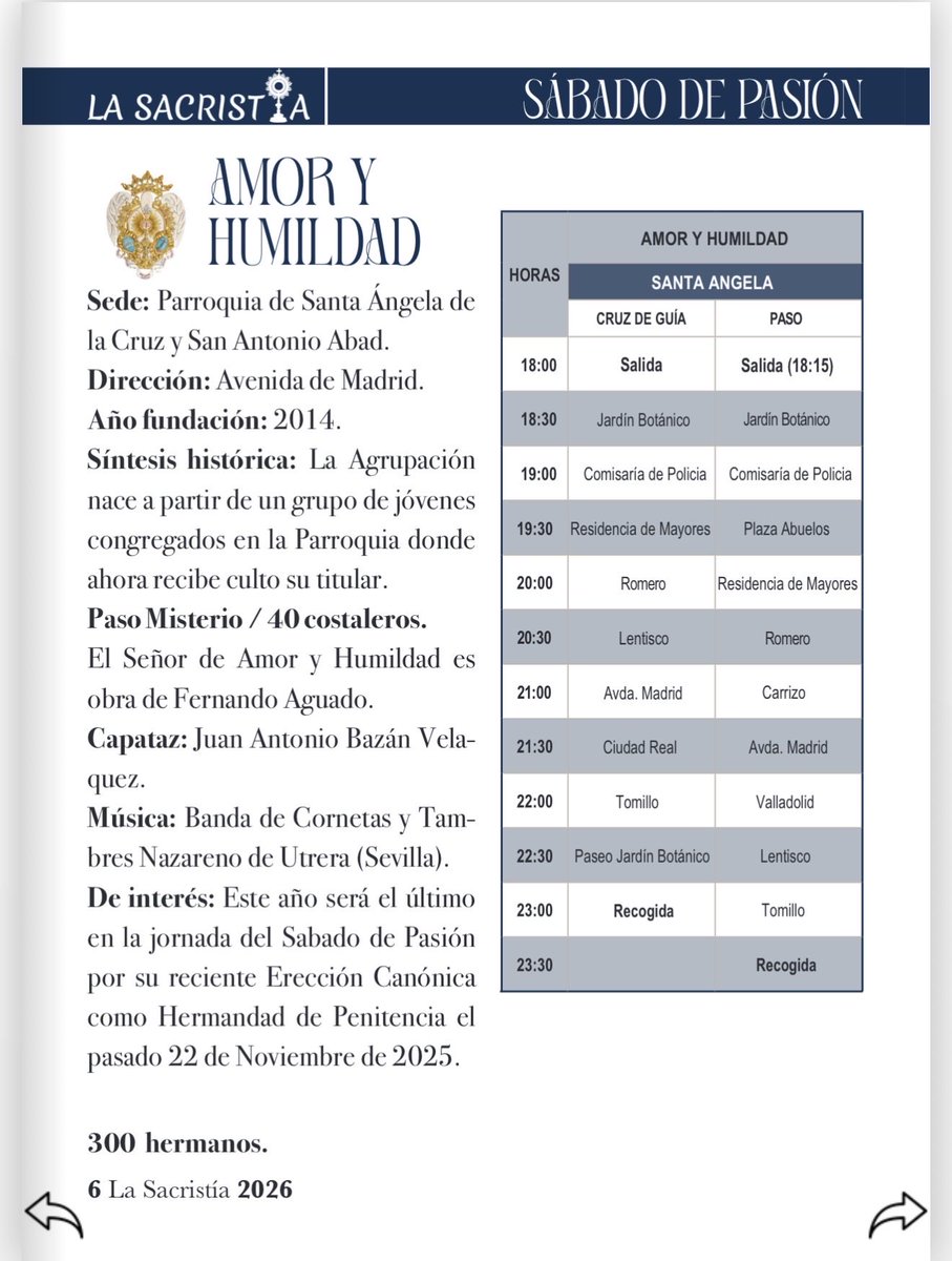 🕯️ SÁBADO DE PASIÓN 

Hoy sale 2 cofradía: 

➡️ Hermandad de la Sed
➡️ Hermandad de Santa Ángela

Edita: Javier Franco Producciones 

Horario e itinerarios 👉 heyzine.com/flip-book/ce07…
Nuestro Canal 👉 whatsapp.com/channel/0029Vb…

#ELPROGRAMADEMANODELASACRISTIA