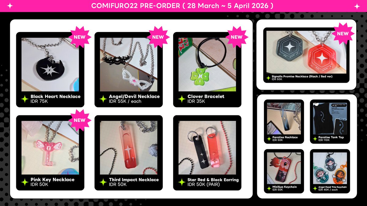 [ 💚+ ↻ really appreciated! ]
📢 #CF22 PO OPEN! 📢

📌PO end date: 5 April 2026
✨Original accessories, tgswiiwagaa, Alien Stage, Signalis
📅Pick up: 16-17 Mei 2026
🔗PO Form below
Thank you! #comifuro22