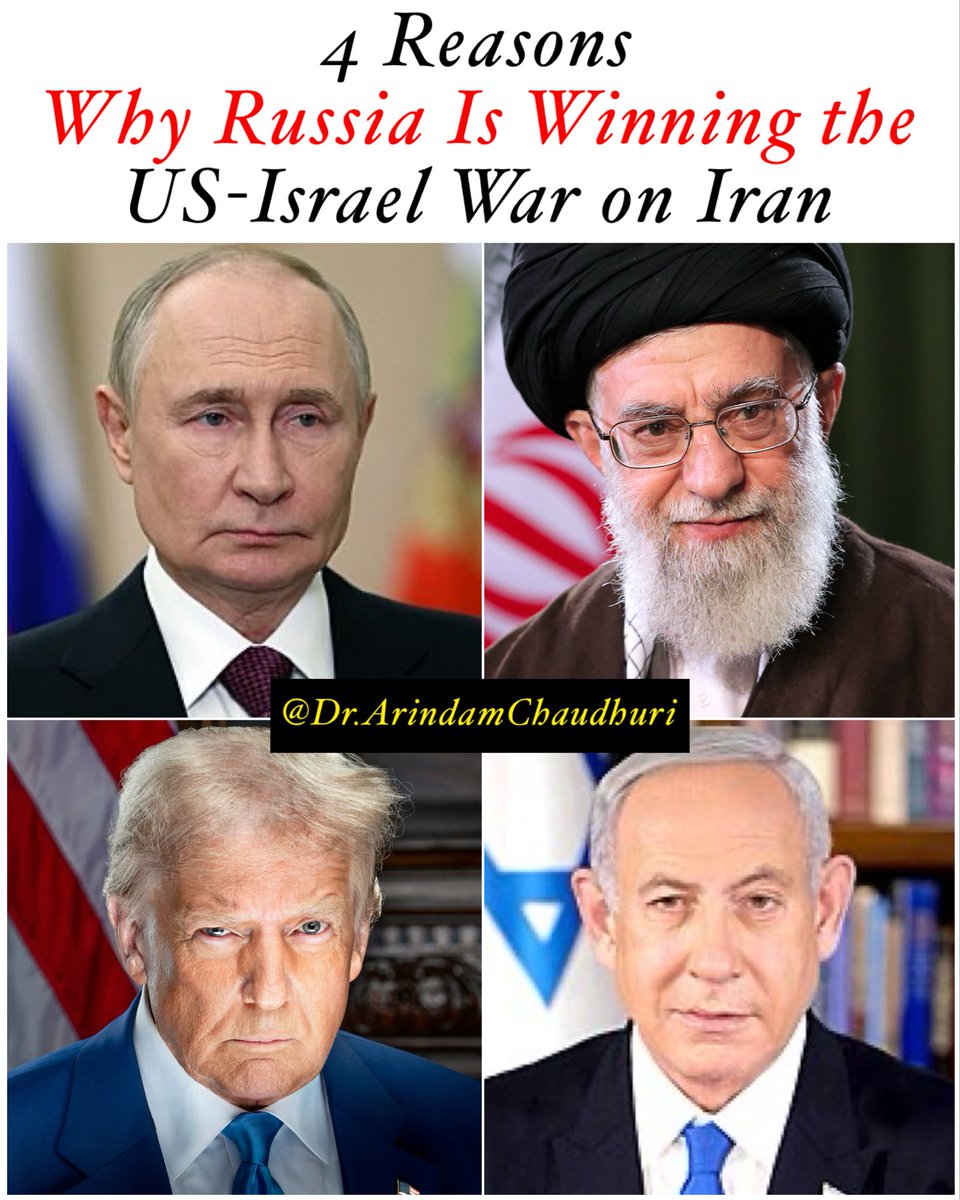 DrArindam_IIPM's tweet photo. 4 Reasons Why Russia Is Winning the US-Israel War on Iran.
—Dr. Arindam Chaudhuri

As the US-Israeli campaign against Iran hits week four in March 2026, Putin’s Russia is the only country reaping massive rewards—without firing a shot. 

Reports actually indicate that when current Supreme Leader Mojtaba Khamenei was seriously injured, Russia helped evacuate him and he is now recovering there, with coordination reportedly flowing directly from Moscow. This is effectively a proxy war between Russia and the US—and Russia is winning all the way.

Here are the 4 specific reasons why Russia is the real winner:

1. Strategic Partnership + Sanctions Relief  
For years it supplied Iran with advanced arms, drones, missiles, and critical intelligence—deliberately making Tehran far more lethal and capable. During this war Russia has been the only country openly providing intelligence and support. This ensured a prolonged, high-intensity conflict. In return, the US has quietly eased some restrictions on Russian oil to stabilize markets. Buyers who hesitated are back—India’s purchases have spiked. Russia has overturned sanctions and is thriving because of them. (Iran is also benefiting, with the US temporarily lifting sanctions on stranded oil, unlocking about $14 billion in potential revenue.)

2. Massive Oil Windfall  
Iranian supply disruptions have sent oil prices soaring. Russian Urals crude, once trading at painful discounts as low as $40/barrel, is now selling at or above Brent levels with an 80% gain in one month. Moscow has already pocketed an extra $5–10 billion in weeks—breathing room for a budget that was under huge deficit pressure. Oil and gas revenues are funding the war machine.

3. Perfect Distraction Dividend  
Western attention, weapons stockpiles, and political bandwidth are now split between Ukraine and the Gulf. European leaders openly call Russia the “only winner.” Every extra day of chaos means fewer interceptors and headlines for Ukraine. Putin’s playbook is working perfectly.

4. Fertilizer Jackpot  
Russia is the world’s top fertilizer exporter (23% of ammonia, 14% urea, ~40% potash with Belarus). The Strait of Hormuz closure and higher energy costs have hammered Gulf supplies and European producers, driving fertilizer prices up 30–70%. Russian exports bypass the Gulf entirely thanks to cheap domestic gas. Importers in India, Brazil, and Africa are scrambling to pre-buy at premiums. Moscow is now the indispensable supplier keeping global food prices from spiraling higher.

Wars are tragedies that cost lives and destabilize economies. But geopolitically, Russia by seemingly staying on the sidelines is walking away with the biggest pot by playing 4D chess.

#Geopolitics #EnergyCrisis #Fertilizers #FoodSecurity #Russia #MiddleEast #GlobalEconomy #Leadership #StrategicThinking #SupplyChain #IIPM #ArindamChaudhuri #DareToThinkBeyond

@iipm_in