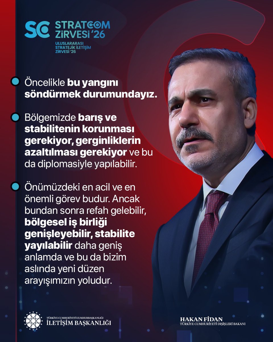 Dışişleri Bakanı <a href="/HakanFidan/">Hakan Fidan</a>

"Öncelikle bu yangını söndürmek durumundayız. Ancak bundan sonra refah gelebilir, bölgesel iş birliği genişleyebilir, stabilite yayılabilir ve bu da bizim aslında yeni düzen arayışımızın yoludur."

📍STRATCOM Zirvesi 2026