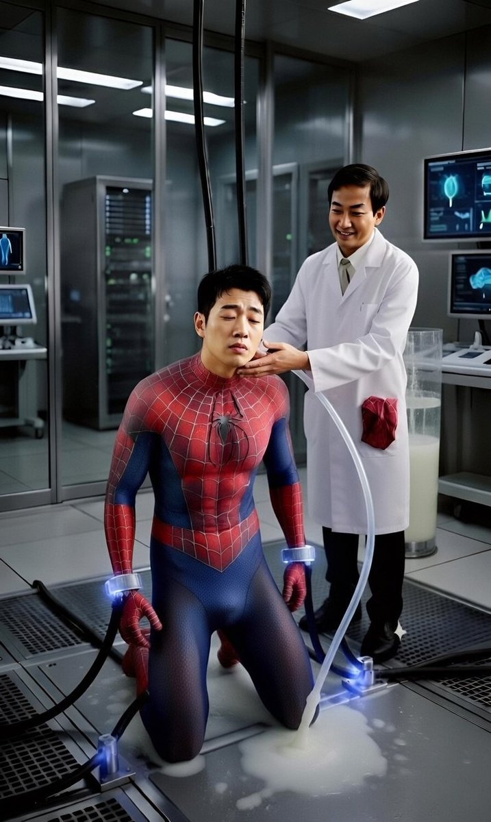 maXukUtUTnFbZVu's tweet photo. チョッと🤏ブレイクタイム☕🤗その2🤭
スパイダーマンの身体に電流が流された⚡️😵するとプレエナジーを湿らせ限界寸前になった😰そして遂にスパイダーマンはエナジーエキスを放出😱力尽き膝から崩れ堕ち気絶した😵‍💫博士はスパイダーマンの全身に付いたエナジーエキスを綺麗に吸取りタンクに溜めた…😰😵 https://t.co/vtbLjMEdRh
