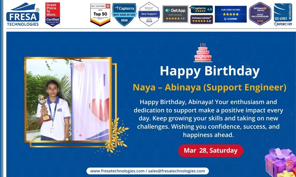 fresatechnology's tweet image. Follow our youtube channel for latest updates:
youtube.com/@Fresatechnolo…

🎈🎉Happy Birthday, Abinaya! 🎉

📧 sales@fresatechnologies.com
📲 +91 93449 12004

Unlock actionable insights now! Schedule your demo today!
calendly.com/fresatechnolog…

#EmployeeBirthday #TeamCelebration