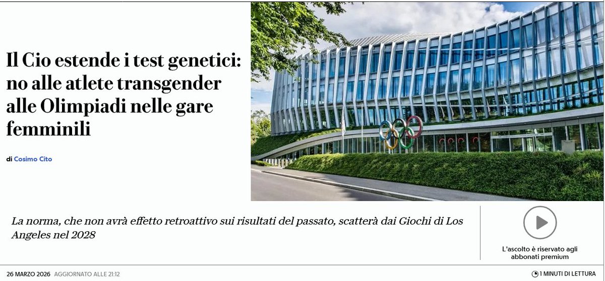 riktroiani's tweet image. No alle atlete transgender alle #Olimpiadi nelle gare femminili. Finalmente il #CIO l'ha capito. 
Peccato non abbia effetto retroattivo (vedi il combattimento tra #AngelaCarini e #ImaneKhelif). 

Fonte: repubblica.it/sport/vari/202…