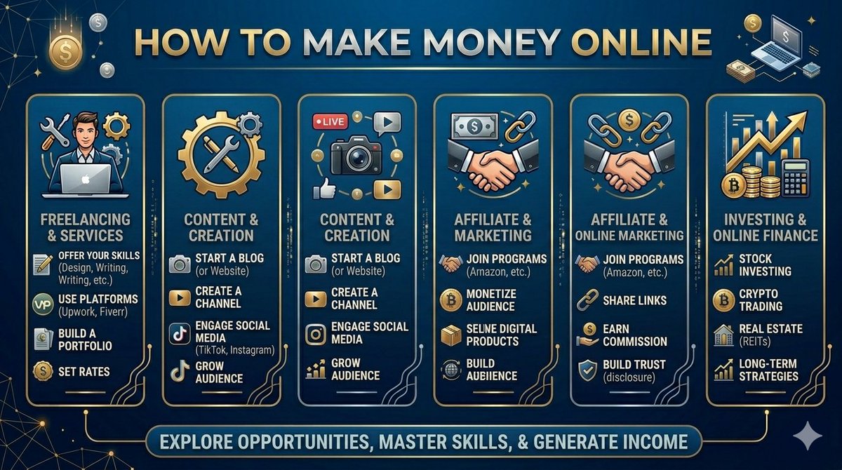 kvd8723's tweet image. Ready to build your digital empire? Here are 6 proven paths to bank online in 2026:
​1️⃣ Freelancing (Design/Code)
2️⃣ Content Creation
3️⃣ E-commerce
4️⃣ Affiliate Marketing
5️⃣ Online Courses
6️⃣ Investing &amp;amp; Trading
​Which path are you choosing? 👇
​#PassiveIncome #Freelancing
