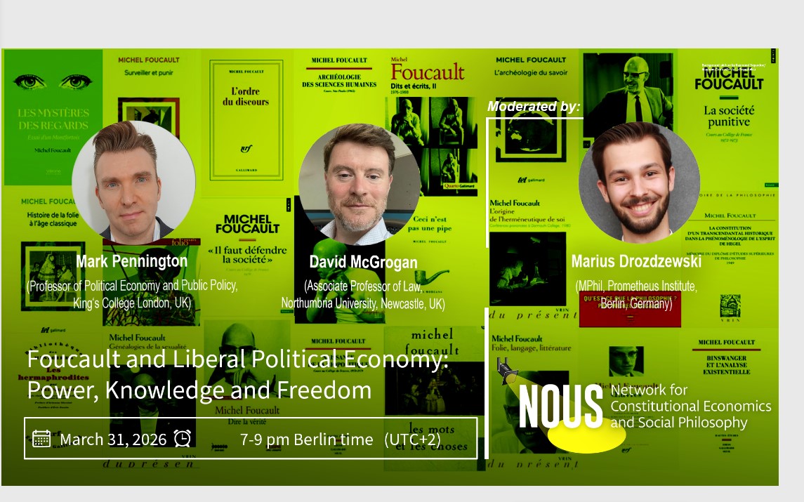 nous_network's tweet photo. ⏰ Join us this Tuesday March 31, 7-9pm Berlin time (UTC+2), for a discussion of "#Foucault and Liberal Political Economy"! ⏰

#MarkPennington (King's College London) @Kaleidicworld will discuss his fascinating book with David McGrogan (Northumbria University) - and you! ... https://t.co/Te5JBzhfWz