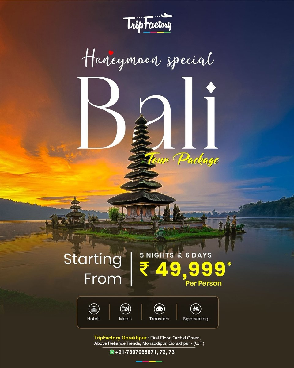 TripFactoryGkp's tweet photo. Because your honeymoon deserves more than just a destination - it deserves Bali 🌅💍
Start your forever with a honeymoon that feels just right 🤍
Plan it with TripFactory.
Call 📞 +91-7307068871, 72, 73

[Bali honeymoon, honeymoon in Bali, Bali couple trip, romantic Bali] https://t.co/QZKW7SKV1M