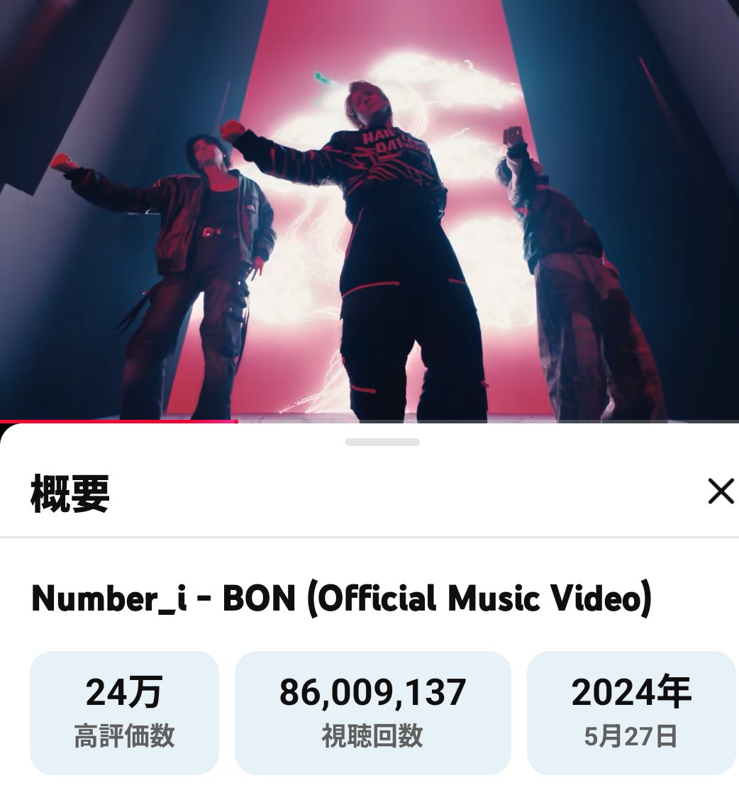 H_Number_i0129's tweet image. ✨✨✨ #BON_86Mviews ✨✨✨

BON🪴 8600万回おめでとう🎉
#Number_i #BON 

🔗youtu.be/0kKd6fVPayU?si…