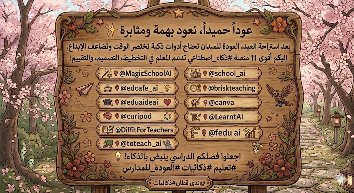 بعد استراحة العيد، العودة للميدان تحتاج أدوات ذكية تختصر الوقت وتضاعف الإبداع. إليكم أبرز 13 منصة #ذكاء_اصطناعي تدعم المعلم في التخطيط، التصميم، والتقييم، مع مميزات وروابط كل منصة في هذا "الثريد" 👇
​#الذكاء_الاصطناعي #التعليم #التحول_الرقمي #تدريب  #دعم_المعلم #ذكائيات