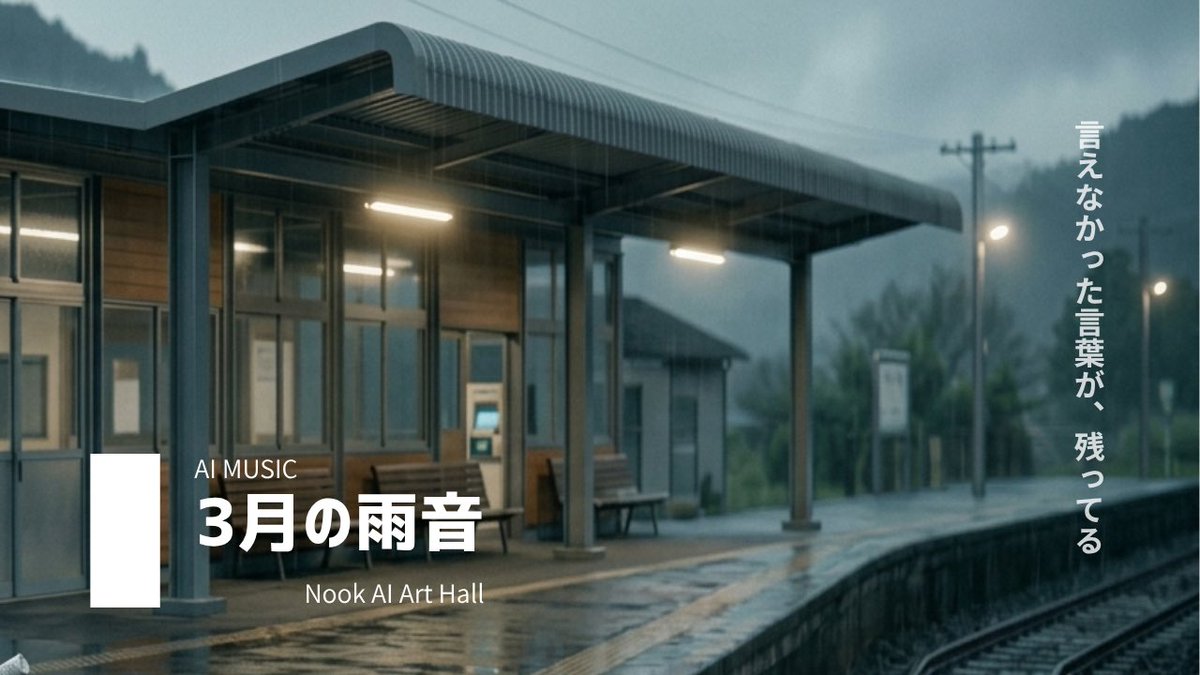 0883HAYAMi_P's tweet photo. お久しぶりです。

本日20時、新曲公開です。

雨の音だけが続く、あの日のホーム。

オリジナル曲「3月の雨音」

#aimusic #オリジナル楽曲 #suno https://t.co/LdMej2YISd