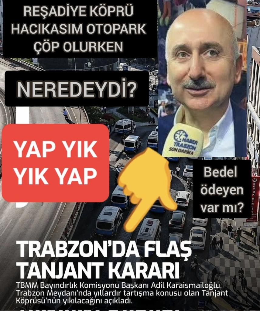100 MİLYONLARCA LİRALIK 
İSRAFIN SORUMLUSU KİM ?
Devletimiz; 
yarın şöyle bir karar alsa :
Trabzon'daki israf projeleri olan 
Reşadiye köprü 
Meydan köprü 
Hacıkasım iş merkezi otopark için 
Kazma vurulmadan ses çıkarmayan 
Ahmet Metin Genç 20 milyon tl