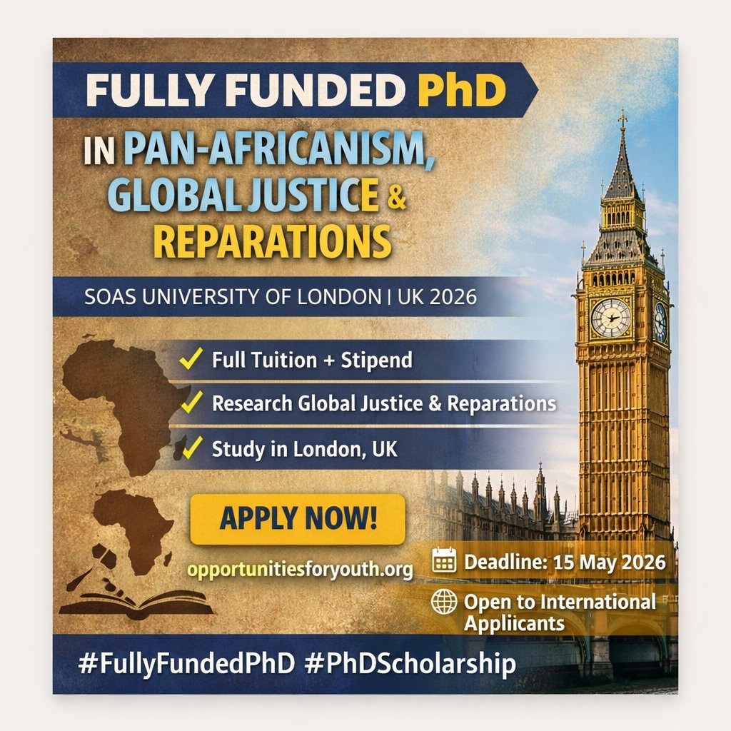 opportunitiesfy's tweet image. 🎓 Fully Funded PhD 2026 at SOAS University of London (UK) in Pan-Africanism, Global Justice &amp;amp; Reparations (tuition + £20,622 stipend) — Apply: wp.me/p23f03-kg2

#FullyFundedPhD #PhD2026 #StudyInUK