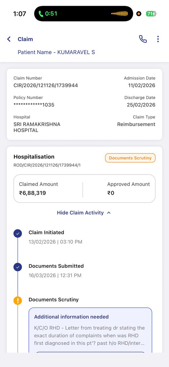 sakthivel9393's tweet photo. @StarHealthIns  

₹6.8L claim → ₹0 approved  

Cashless denied  
Reimbursement still under scrutiny  
Repeated document requests  

This is not service — this is harassment. 

Expecting immediate resolution.  

#StarHealth #ClaimDenied #InsuranceTruth #HealthInsurance #India https://t.co/NjpBbPRnyy
