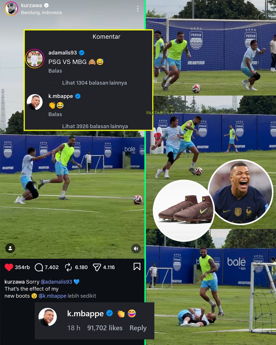 Kylian Mbappe ikut terhibur &amp; beri komen saat Kurzawa menggocek Adam Alis di sesi latihan Persib Bandung 😂. 

Kurzawa di caption postingan nya: "Maaf Adam Alis. Ini efek dari aku pakai sepatu baru Mbappe" (Nike Mercurial Superfly 10 edisi Mbappe).