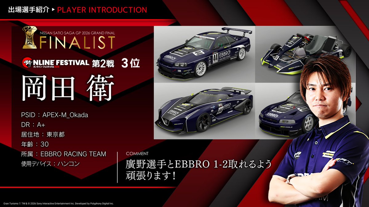 satiosagaGP's tweet photo. #日産サティオ佐賀GP2026
🏆グランドファイナル🏆

“GRAND FINALIST” No.08
岡田　衛選手（PSNID：APEX-M_Okada） https://t.co/vkfmeWC0bW