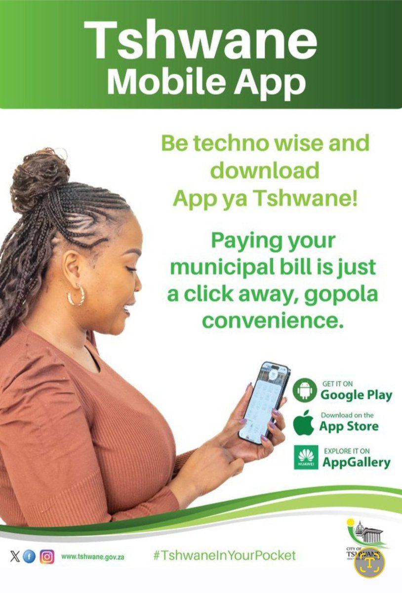 CityTshwane's tweet image. Be techno-wise, Tshwane! ✨

Your bills? Sorted in seconds with the Tshwane Mobile App.

Gopola convenience, straight from your phone!

#TshwaneInYourPocket #SmartCity