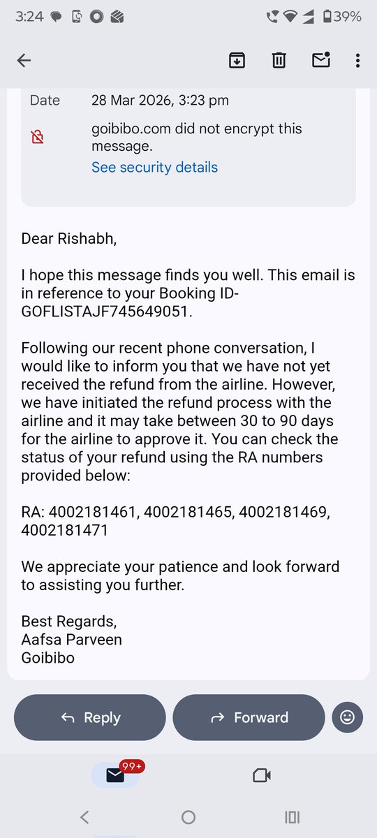 GParekh74857's tweet photo. @GoibiboSupport @airindia @GoibiboSupport pls let me know when will the money be refunded. @DGCAIndia pls look into the same. As per the DGCA policy when the flight is cancelled by the flight operator, the refund should be issued within 14 days. Still the third party is stating 30 to 90 days https://t.co/xxmZCCstgA