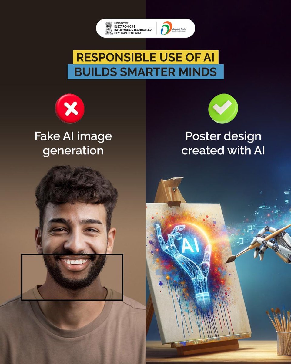 GoI_MeitY's tweet image. AI has the power to create anything—from misleading visuals to meaningful ideas.
The difference lies in intent.
Choose to create, inspire, and add value.

#ResponsibleAI #AIForGood #EthicalAI #CreateDontManipulate #Digitalindia
