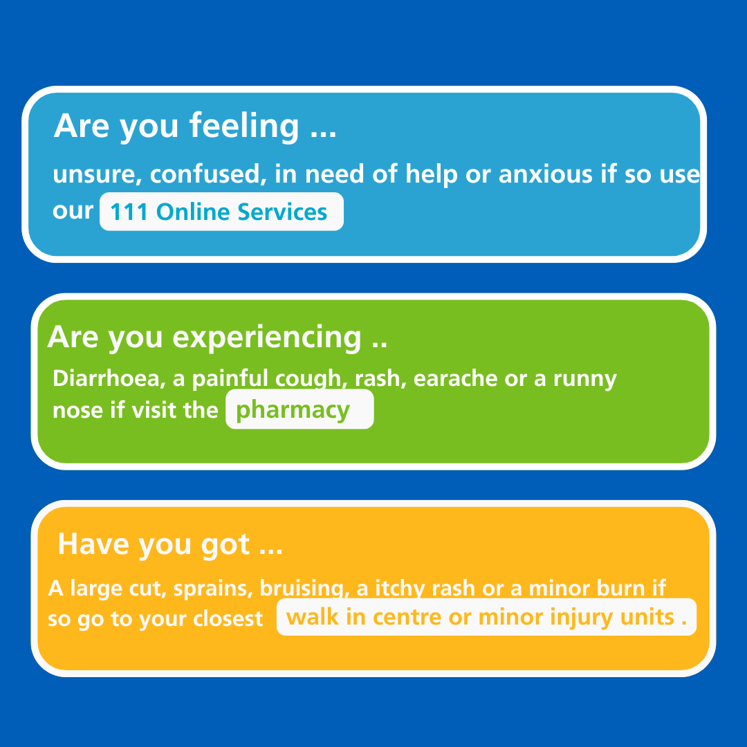WyeValleyNHS's tweet photo. It's important to know where to go for the right medical help. 💙

Find out more here: https://t.co/HXovB3sozW https://t.co/db0oX1V71F