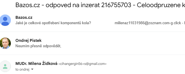 AndroZoid's tweet photo. Scam na bazoši už asi nikoho nepřekvapí. Mně celkem zaujalo, že boti i klidně střídají adresy v rámci jedné konverzace. Vtipné je, že vždcky jsou to doktorky 😃 https://t.co/lEqMcOUbLi