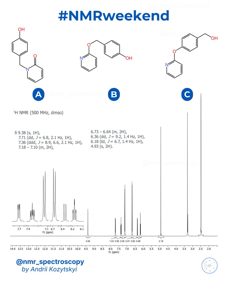 NMRspectroscopy's tweet image. It’s #NMRweekend time! 🧲⁉️
Can you identify the correct structure based on the spectrum?
Drop your answer in the comments ✍️ or take part in the poll below 👇. I’ll post the full explanation in a few days. 😉
#nmr #nmrchat #chemistry #quiz