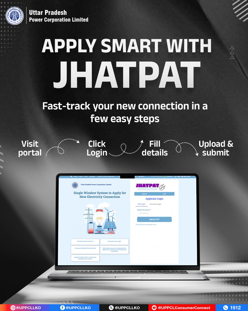 UPPCLLKO's tweet photo. Skip the queues and apply for your electricity connection online with Jhatpat Portal—quick, simple, and convenient.
#GoDigital #Jhatpat
@CMOfficeUP
@EMofficeUP
@aksharmaBharat
@mduppcl https://t.co/Jidr6p9XCO