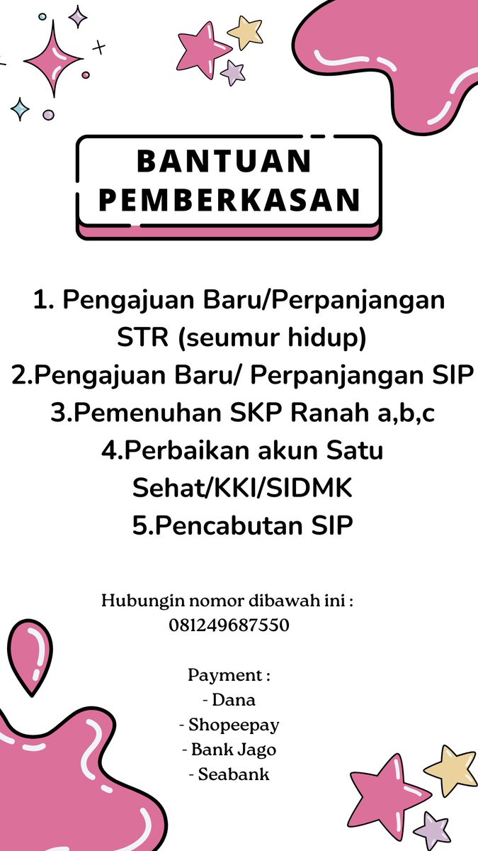 va_vaa__'s tweet photo. Ribet urus STR/SIP? Serahkan ke kami aja! 😉

Kami bantu:
✨ STR baru &amp; perpanjangan (seumur hidup)
✨ SIP baru &amp; perpanjangan
✨ Pemenuhan SKP (a, b, c)
✨ Perbaikan akun Satu Sehat, KKI, SIDMK
✨ Pencabutan SIP

💌 https://t.co/xifsfFsIqH

#viralindo #fyp #skp #sip #zonauangㅤ https://t.co/h4VBWirFbR