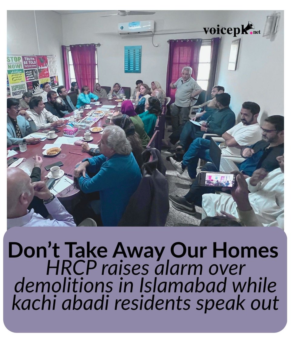 voicepkdotnet's tweet image. In an emergency meeting held in the capital city on Friday, the Human Rights Commission of Pakistan (@HRCP87) discussed the issue of the ongoing evictions in several katchi abadies (informal settlements) across the city. A number of affected families, human rights activists,