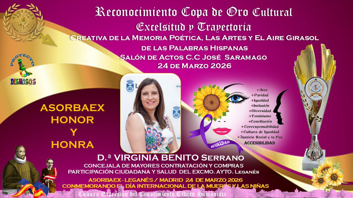 AsorbaexEuropax's tweet photo. #ASORBAEX Enhorabuena galardonados Copa de Oro Cultural Excelsitud y Trayectoria durante Foro Mujeres y Hombres Girasol por la Igualdad #DiaIntdelaMujer De manera especial el reconocimiento a @VirginiaULEG cjla. Mayores salud participación ciudadana @AytoLeganes x destacada labor https://t.co/Khi1uW1xYk