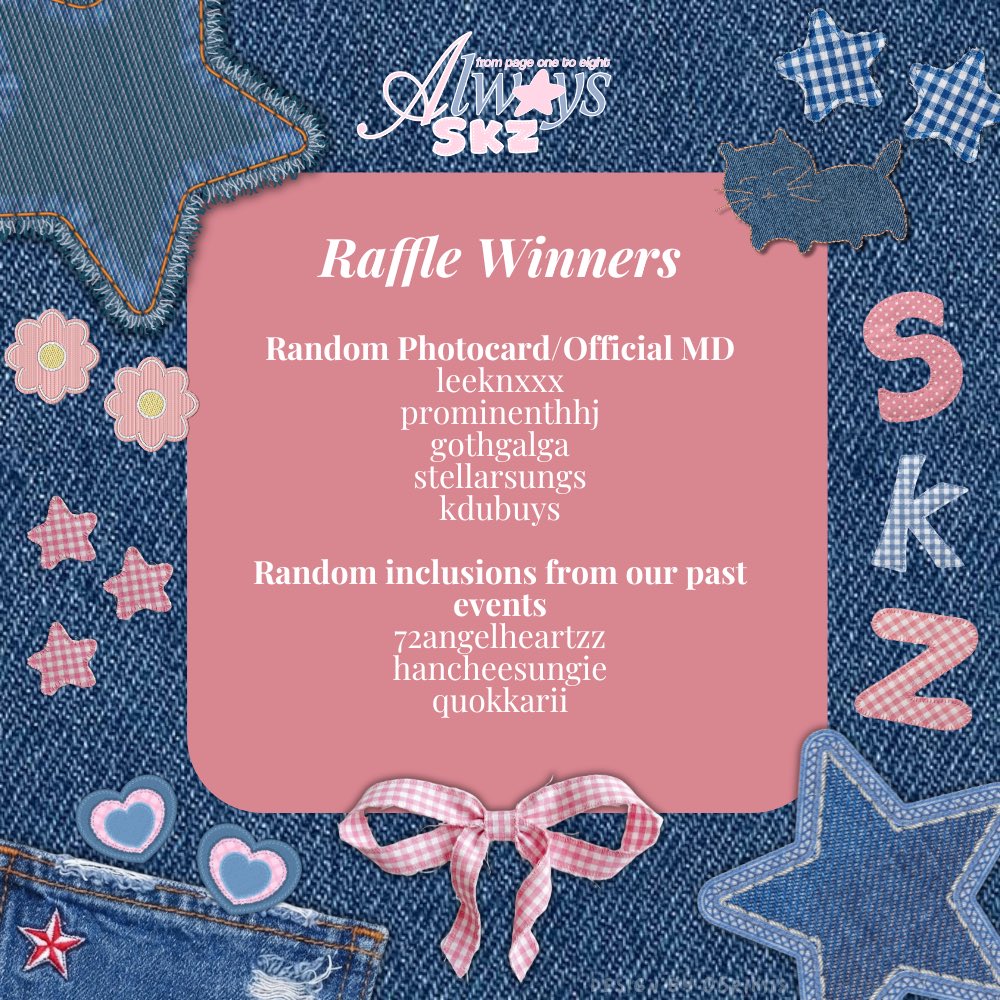 SKZCREATES's tweet photo. [RAFFLE WINNERS] From Page One to Eight: Always, SKZ ♾️

Congratulations to all our lucky STAYs who won!You may claim your prizes at the admin’s table tomorrow.

Thank you to everyone who joined and celebrated with us!

#Page1to8 #8isFate #SKZ8thAnniversary #EVENTS_SKZCREATES https://t.co/zkyBl56QK7
