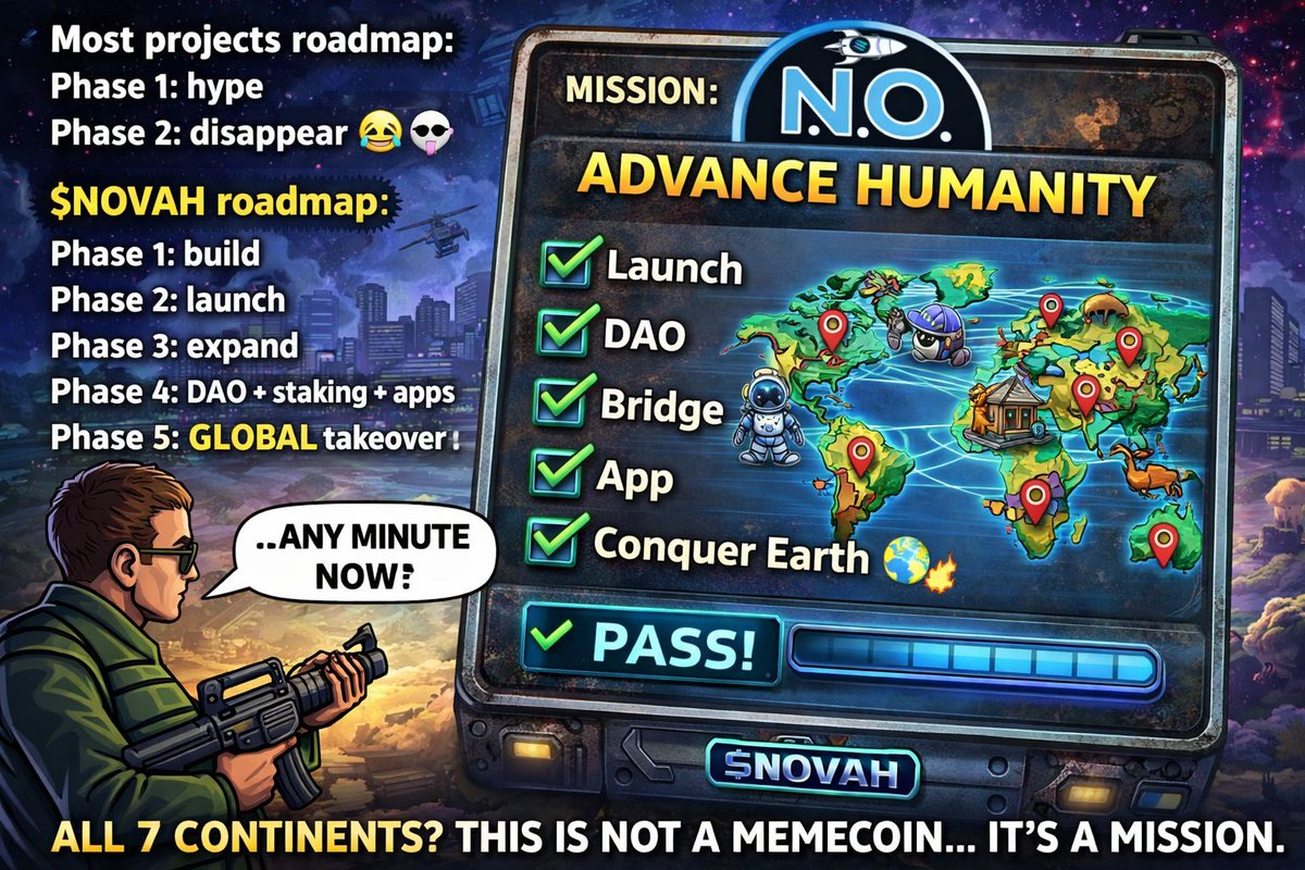 DamilareLa67918's tweet photo. Most projects roadmap:
Phase 1: hype
Phase 2: disappear 😭💀
$NOVAH roadmap:
Phase 1: build
Phase 2: launch
Phase 3: expand
Phase 4: DAO + staking + apps
Phase 5: GLOBAL takeover 🌍🔥
Bro… they said ALL 7 CONTINENTS 😭🚀
This is not a memecoin… it’s a mission.
#NOVAH #Solana https://t.co/cRGexQzVVd