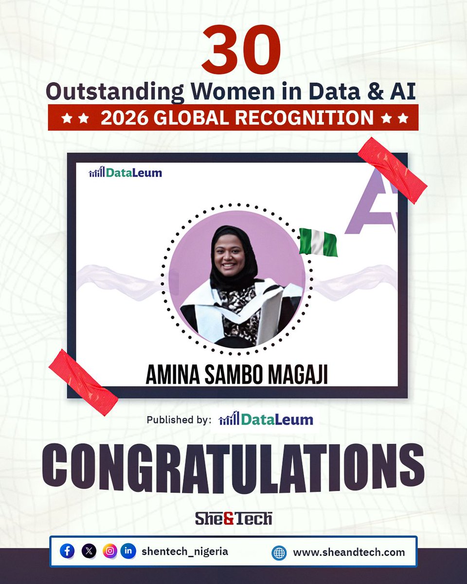 shentech_ng's tweet photo. We celebrate one of our own! 💜✨
Our Founder, Dr. Amina Sambo Magaji has been named among the 30 Outstanding Women in Data &amp; AI - 2026 Global Recognition. 🌍

A trailblazer, leader, and inspiration, she continues to pave the way for women and youth in tech. 

Congratulations! https://t.co/5Er92pq7FW