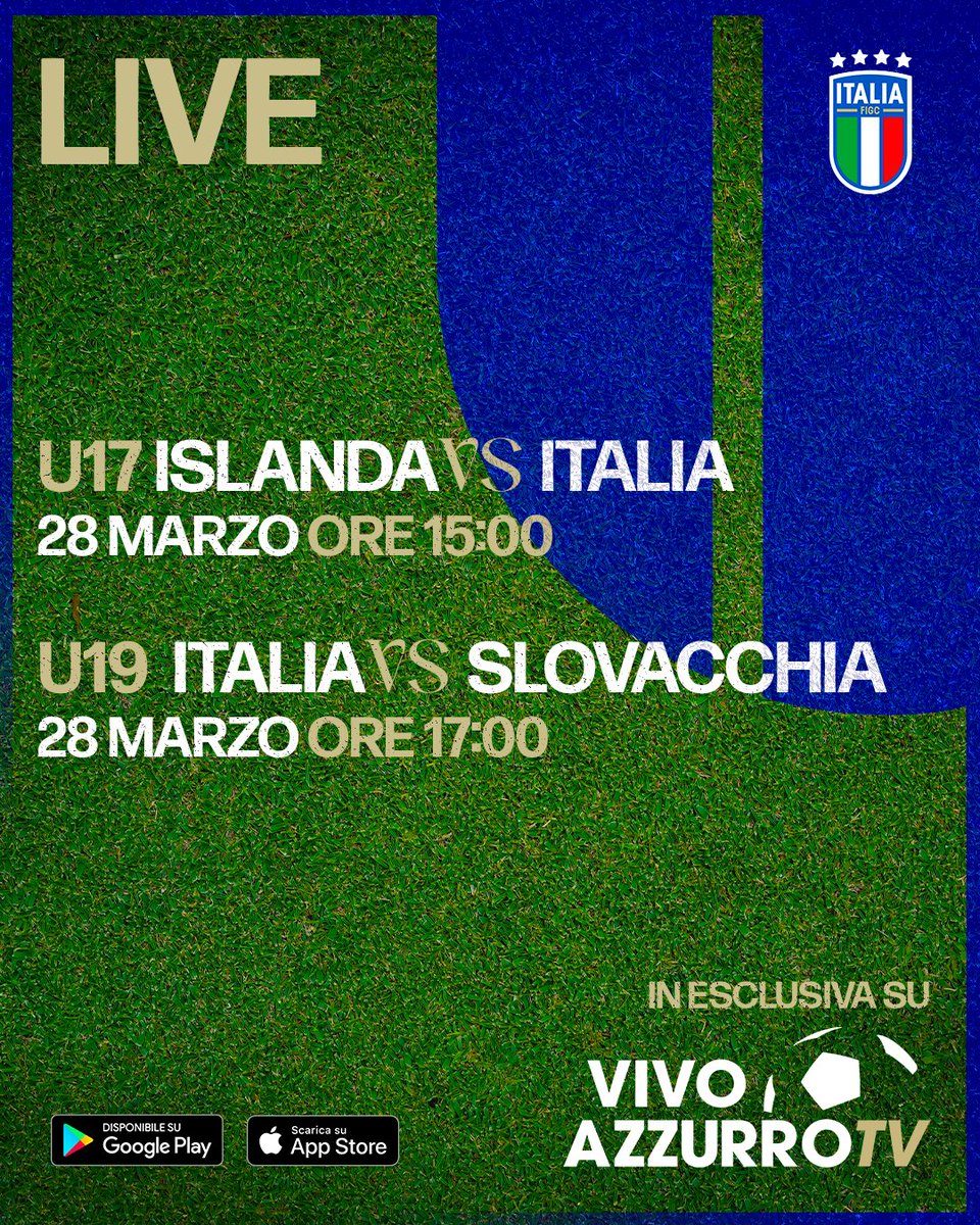 Azzurri's tweet image. Oggi, su 𝗩𝗶𝘃𝗼 𝗔𝘇𝘇𝘂𝗿𝗿𝗼 𝗧𝗩 🎬🍿

🇮🇸🇮🇹 ISLANDA 🆚 ITALIA 
#Under17 - H 15.00 🕒

🇮🇹🇸🇰 ITALIA 🆚 SLOVACCHIA 
#Under19 - H 17.00 🕔

Scarica l’app ➡️ app.vivoazzurrotv.it

#Azzurrini #VivoAzzurro