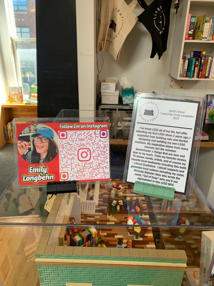 LiteratiBkstore's tweet photo. Literati goes LEGO! Thank you Emily Langbehn for constructing this -- a feat that took three months! This is now on display on our upper level in the bookstore. Be sure to check out the books on display (including Langbehn's sister's novel, Out of Esau by Michelle Webster Hein). https://t.co/CqrzbcOUmH