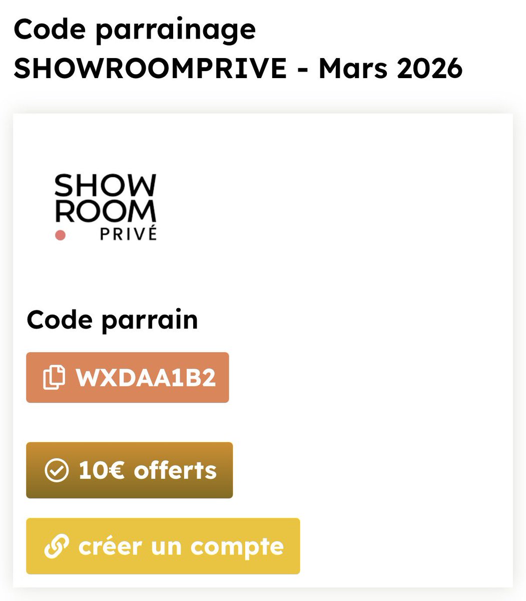 OParrainages's tweet photo. ‼️*** Offres de parrainage *** ‼️
—————————
✅#SHOWROOMPRIVE
1️⃣0️⃣€ offerts
➕ les promos OUTLET ce week-end
—————————
#code #Promo #parrain
Tous les liens 🔗 et les codes 🔡 regroupés ici ⤵️
https://t.co/SGjllQ40kx https://t.co/VDlwuOQZiD