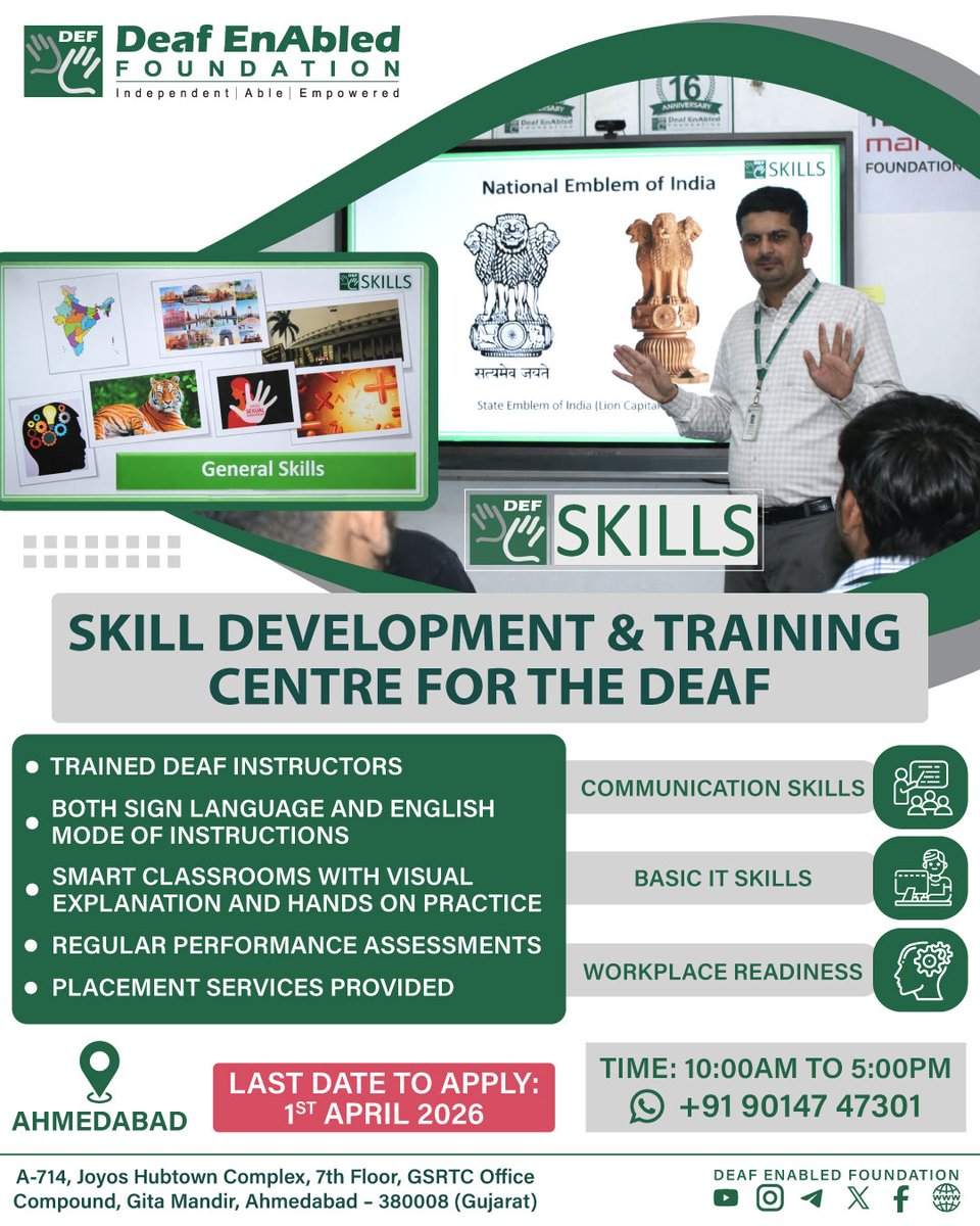 deafenabled's tweet image. Here's an opportunity to change your future and that of the deaf community. Join our skills course and get placed in companies of repute. For more information, contact us at: +91 9014747301
#deaf #india #development #Indiansignlangauge #success #skiils #DeafEnabledFoundation