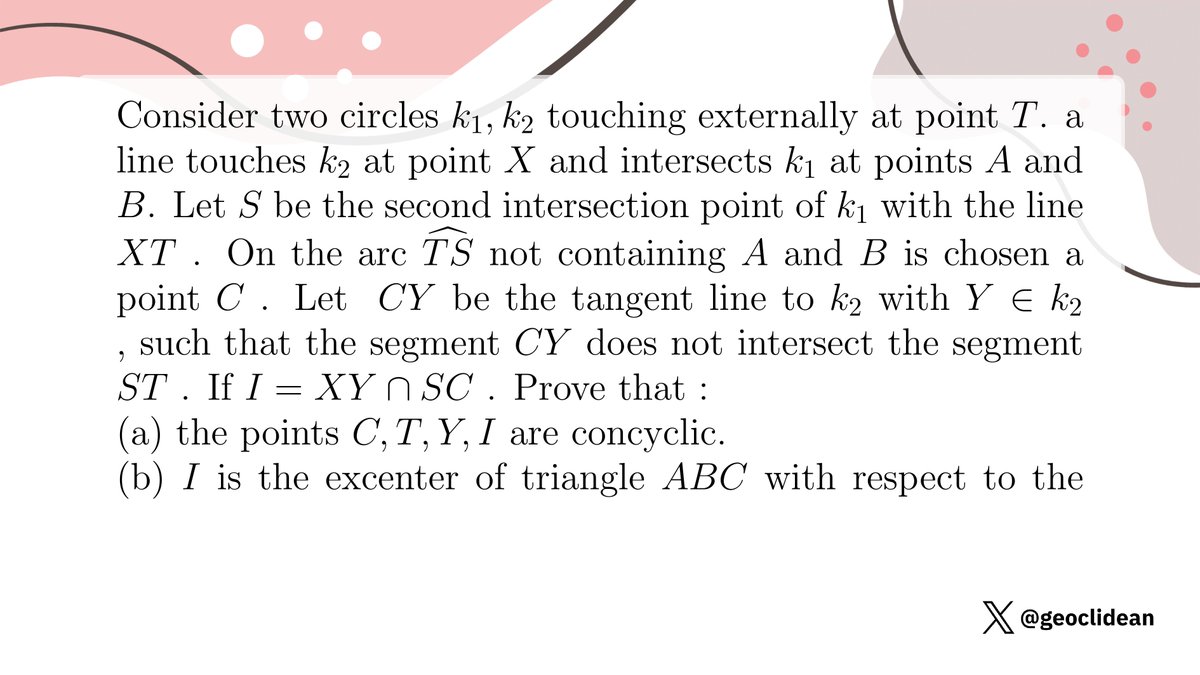 geoclidean's tweet photo. Bulgaria 2
#Geometry #Circumcircle #Incenter #Ratio #Trigonometry #PowerOfAPoint #RadicalAxis https://t.co/TcvTKJ8vHo