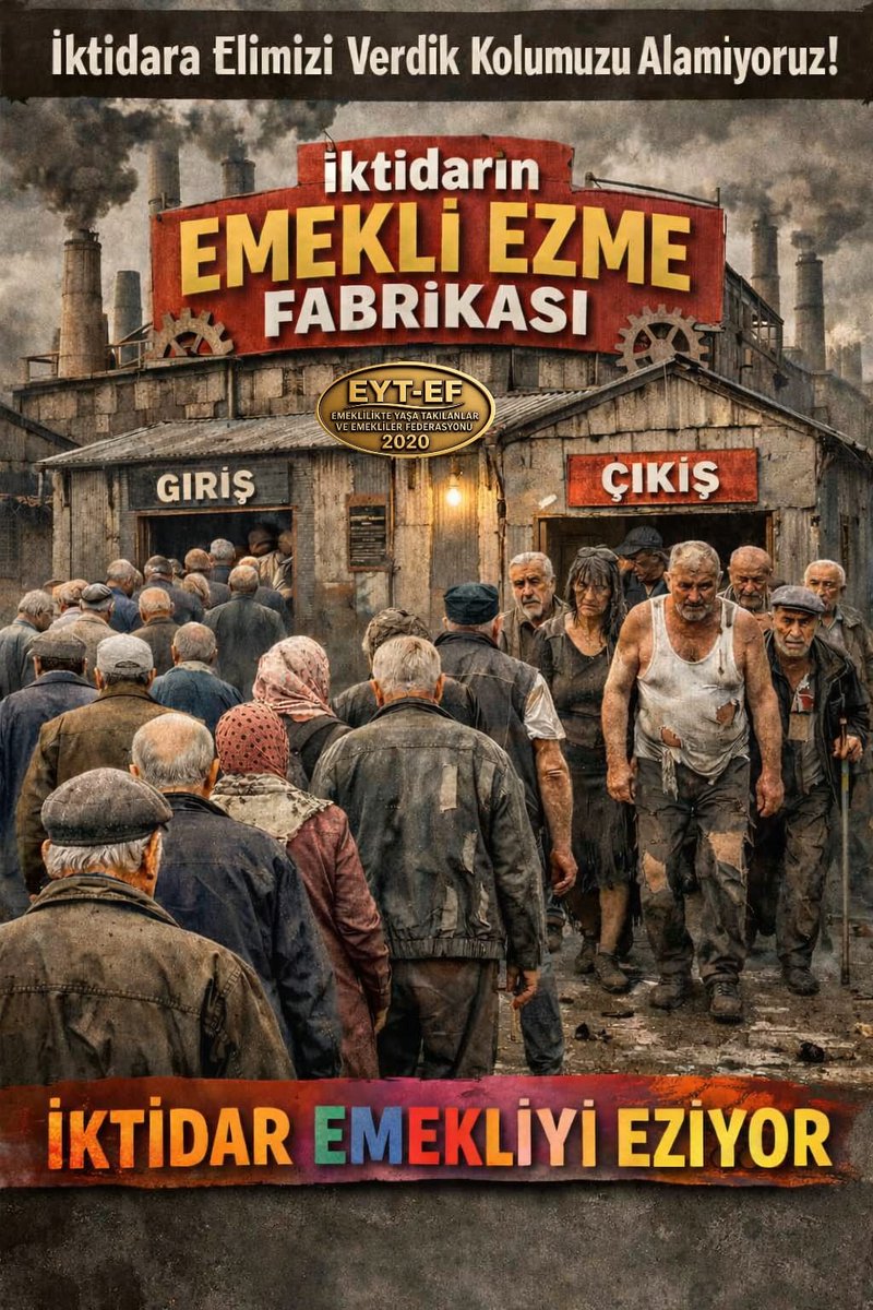 <a href="/EytEmeklilerFed/">EYT VE EMEKLİLER FEDERASYONU</a> <a href="/RTErdogan/">Recep Tayyip Erdoğan</a> <a href="/isikhanvedat/">Prof. Dr. Vedat Işıkhan</a> <a href="/_cevdetyilmaz/">Cevdet Yılmaz</a> <a href="/MHP_Bilgi/">MHP</a> <a href="/ArzuLastikci/">EYT & EF Arzu LASTİKCİ</a> <a href="/EYT_ED/">EYT VE EMEKLİLER DERNEĞİ</a> <a href="/GelecekPartiTR/">Gelecek Partisi</a> <a href="/iyiparti/">İYİ Parti</a> <a href="/erbakanfatih/">Dr. Fatih Erbakan</a> <a href="/eczozgurozel/">Özgür Özel</a> <a href="/yavuzagiraliog/">Yavuz Ağıralioğlu</a> <a href="/mahmutarikansp/">Mahmut Arıkan</a> #iktidarEmekliyiEziyor

Emeğe hürmet etmeyen,
Alın terini yük gören İktidar;

Faturasına mahkum,
Kirasına yenik,
Mutfağına küskün;

Bir #Emekli kitlesi yarattı.

Adına "istikrar" denilen bu düzen;
Emekliyi ezme düzenidir !

#Ezilen5000KısmiOldu
<a href="/RTErdogan/">Recep Tayyip Erdoğan</a>
<a href="/isikhanvedat/">Prof. Dr. Vedat Işıkhan</a>