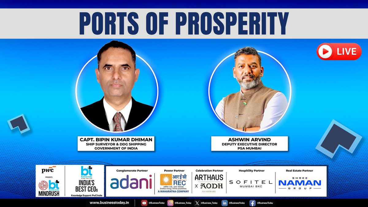 business_today's tweet photo. BT MindRush 2026: How Ports Are Transforming India’s Trade And Economic Landscape
Watch LIVE: https://t.co/Vq7w8FZar8 | #BusinessToday #BTMindRush #BTIndiasBestCEOs #IndiaMaritime #ShippingIndia
@krishnagopalan | @tweettokarishma | @PwC_IN | @abdl_india | @ShreeNamanGroup | @SofitelMumbai | @AdaniOnline | @RECLindia
