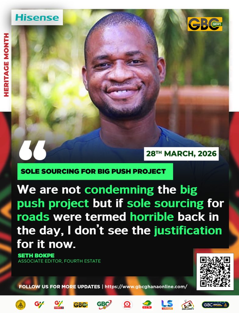 GTV_Ghana's tweet photo. Sole sourcing for big push project
We are not condemning the big push project but if sole sourcing for roads were termed horrible back in the day, I don’t see the justification for it now.
-Seth Bokpe, Associate Editor, Fourth Estate
#gbcnews
#BigPushProject https://t.co/edmC38w3vI
