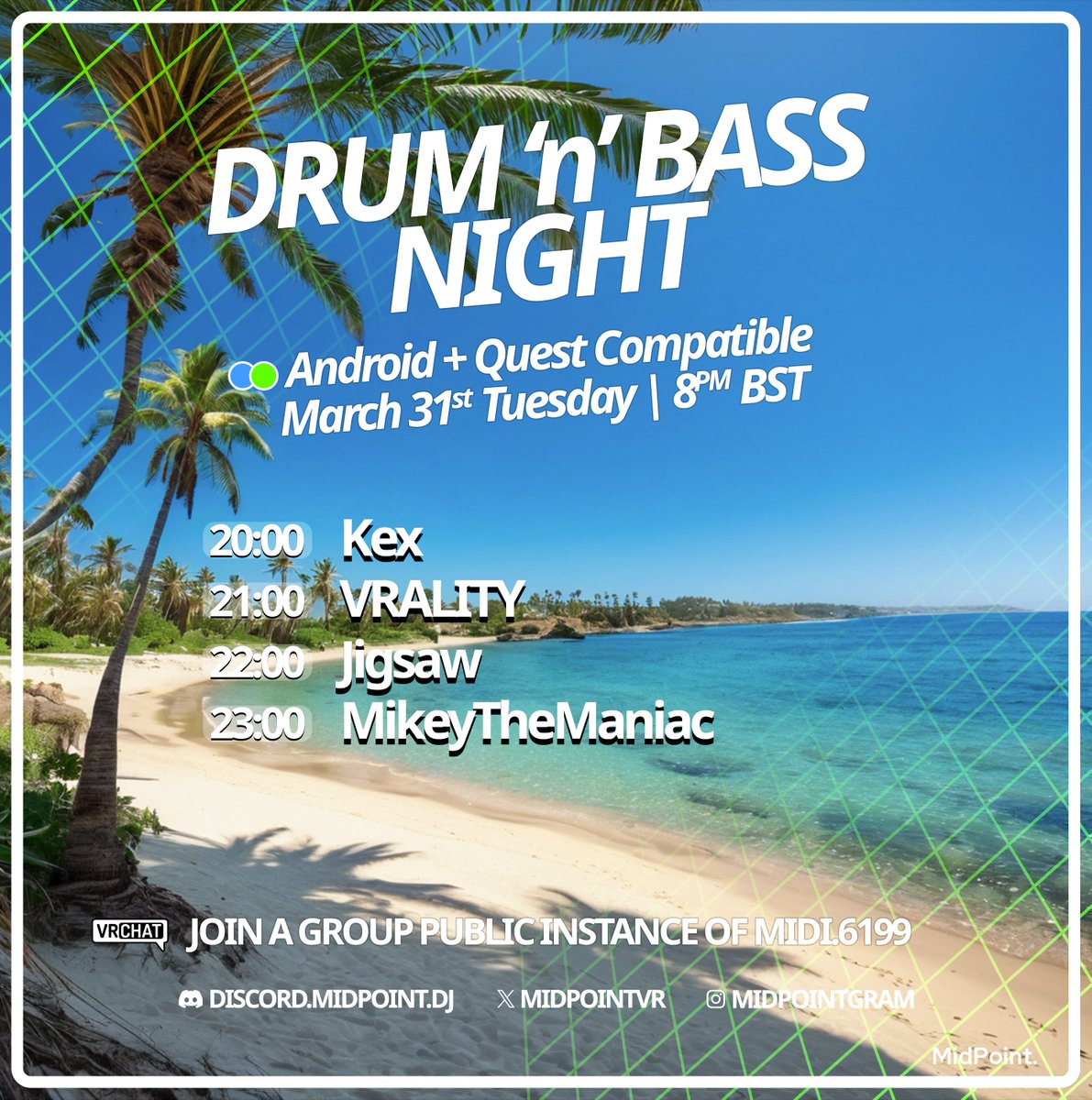 MidPointVR's tweet image. This Tuesday at #MidPoint venue in #VRChat. 
#QuestCompatible and #Android optimized

Starting time in different time zones: 
7PM UTC
9PM CEST
3PM EDT
4AM JST
vrc.group/MIDI.6199
#vrchatevents #EDM #House #DnB #Dancefloor #Commercial #Drum_and_Bass #electronicmusic #Rave #VRC
