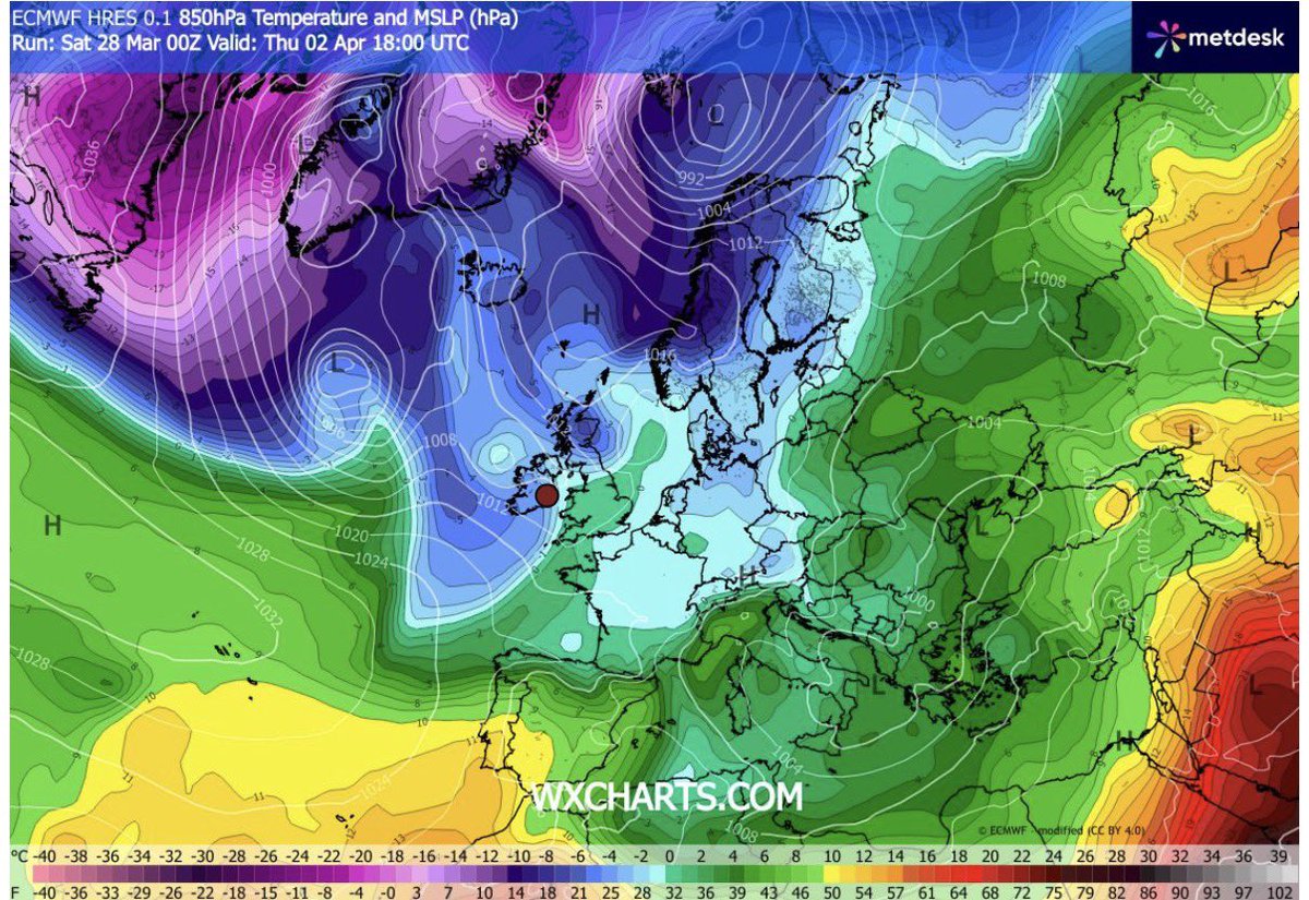 Still a lot of uncertainty around Easter weekend with a risk of wind and rain Saturday. No sign of any real heat with cooler air more likely, bad news for all those home heating oil users with no real reduction in cost.
